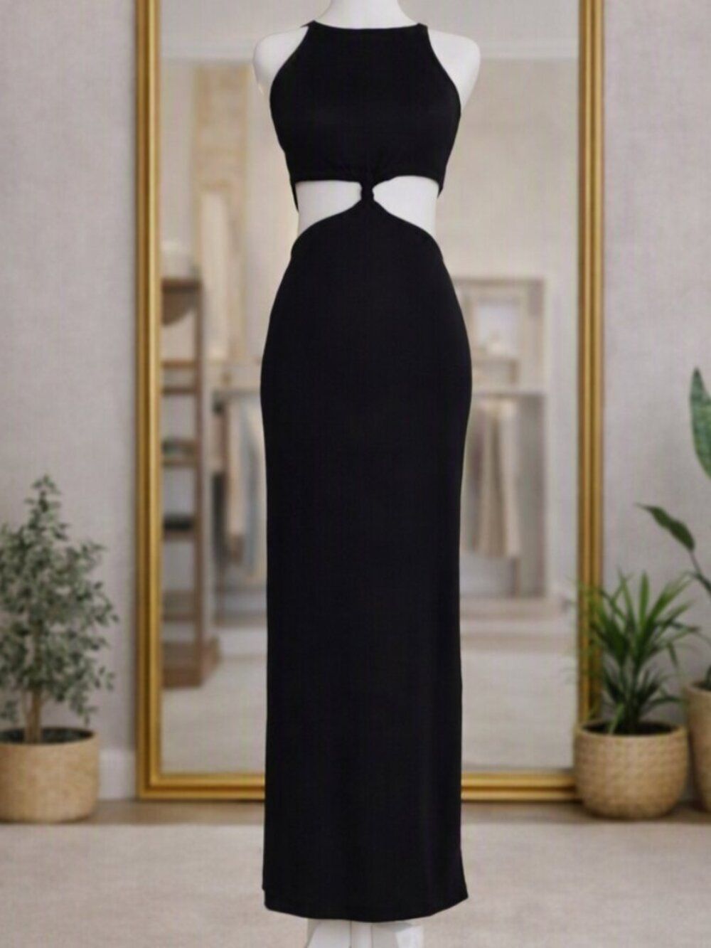 Danorma Women’s Black Cutout Tie‑Waist Maxi Dress Size Medium